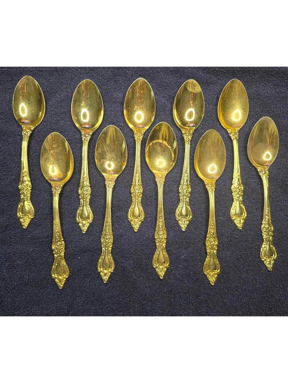 Vintage Set of 10 Royal Sealy RLF1 Gold-Plated Stainless Steel Teaspoons